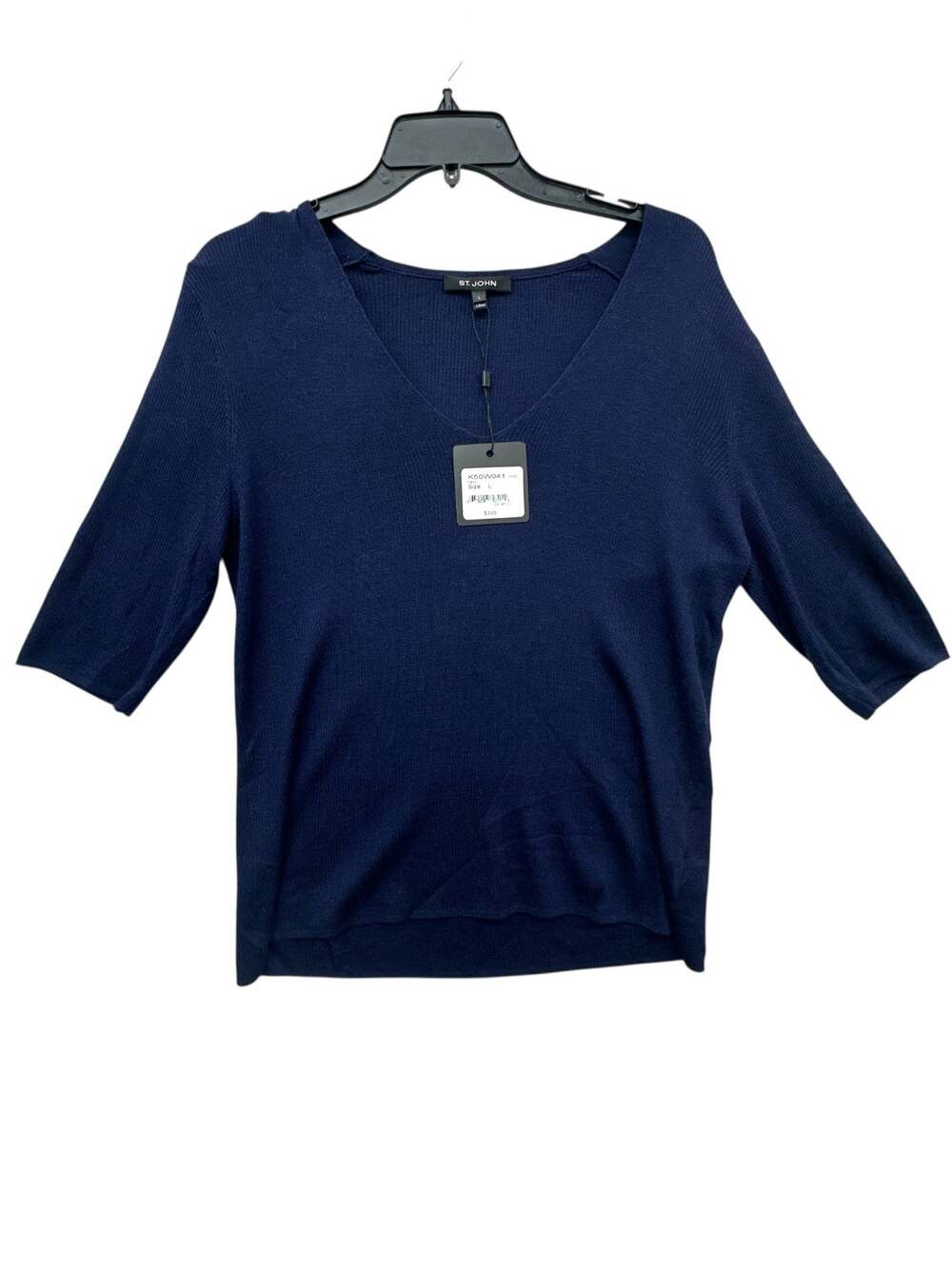 St. John V-Neck Sweater Women L Navy Wool Silk Elbow Sleeve Quiet Luxury Knit